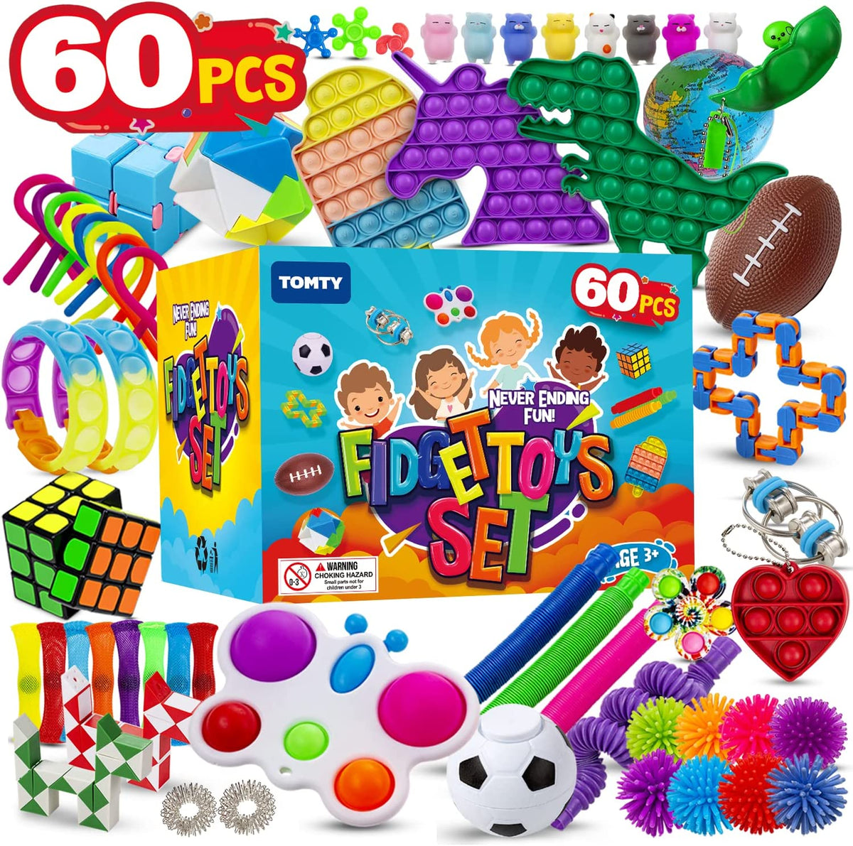 (60 Pcs) Fidget Toys Fidgets Sensory Toys Pop Its It Party Favors Figette Toy Pack Bulk Box Stress Autism Autistic for Kids Children Boys Girls Adults Gifts Set Mini Carnival Treasure Classroom Prizes